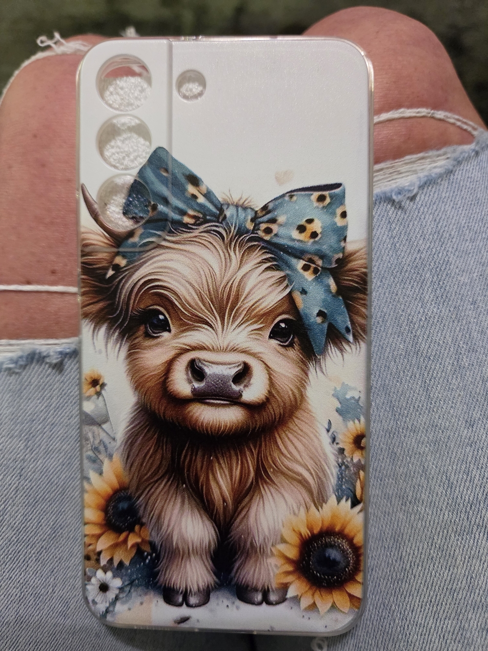 S22 Plus Cute Cow Phone Case with Blue Bow and Sunflowers